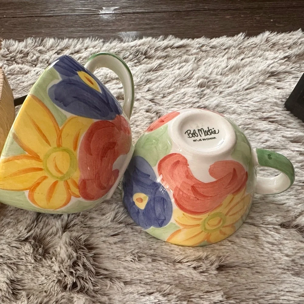 Bob Mackie yellow blue floral botanical oversized vintage mug set
